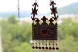 Buy Armenian large traditonal row necklace taraz tradtional jewelry silver 925. The rectangle pendant is large and has red details with Armenian national ornaments. The necklace pendant will suit well with Armenian women tradtional outfit dress and apron in red,blue, green colors.