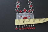 Buy Armenian large traditonal row necklace taraz tradtional jewelry silver 925. The rectangle pendant is large and has red details with Armenian national ornaments. The necklace pendant will suit well with Armenian women tradtional outfit dress and apron in red,blue, green colors.