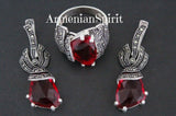 Ring earrings silver 925 Marcasite red topaz