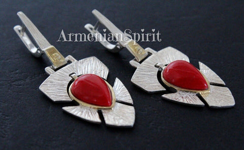 Art deco earring white silver with gilded details and red coral cabochon. The earrings are long and lovely. thisis a best gift for co-worker who loves coral jewelry.