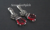 Ring earrings silver 925 Marcasite red topaz