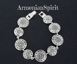 What a beautiful and unique bracelet! This bracelet is made in ethnic traditional Armenian style with sterling silver coins . The coins are middle size and&nbsp; has ethnic Armenian ornament.