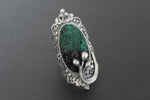 Add an elegant touch to your jewelry collection with our high quality velvet green malachite ring and vintage filigree jewellery set. Each piece is carefully crafted to resemble treasures from your grandmother's box. Perfect as a thoughtful gift for any adult woman. Buy online now from Armenia for a unique addition to your wardrobe. Buy row malachite ring in old vinatge style online, precious metal.
