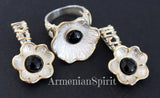 SET Ring earrings black onyx silver 925 gilded flower jewelry