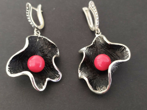 Silver 925 Large earrings Red coral