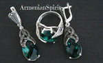 The jewelry we present to you is made of dark 925 sterling silver. The highlight of this lovely piece of jewelry is a beautiful, pure emerald-colored stone. The stone is placed in an oval frame and shines with a beautiful emerald color. This jewelry will be a wonderful birthday gift for your beloved woman. The beauty of these earrings and ring with small marcasites will highlight the femininity and graceful grace of your friend, making her the center of attention at any evening or special event.