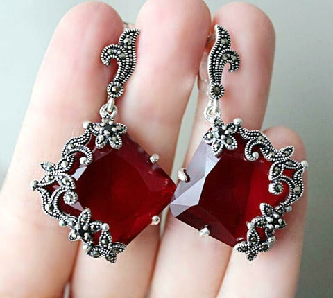 Silver 925 Earring red Marcasite jewelry