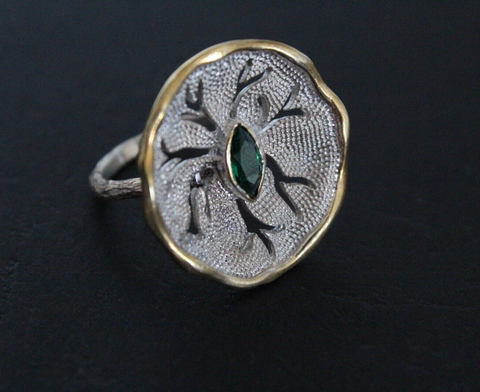 Ring flower gold plated Silver 925 green zircon