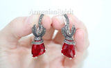 Ring earrings silver 925 Marcasite red topaz