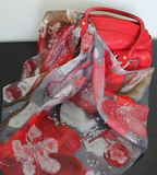 Silk scarf hand painted Gray Red flowers long scarves women NEW