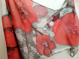 Silk scarf hand painted Gray Red flowers long scarves women NEW