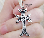 This cross is made of 925 sterling silver in the Armenian style in the form of a khachkar with the Arevakhach eternity sign. The cross is lightweight and has a medium size, therefore, it is perfect for women, children and men. You can choose from the options a suitable chain with a cross. There are short and long chains. Armenian eternity wheel sign sterling cross buy online.You can purchase these jewelry on the Armenian Spirit website