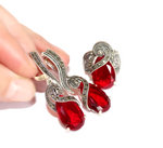 SET Ring Earrings Red topaz Silver 925 Marcasite