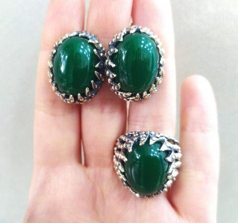 Silver 925 Earrings Ring green jade