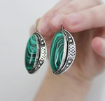 Set Silver 925 Earrings Pendant Ring adjustable Green Malachite