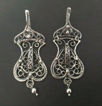 Handcrafted earrings very long with filigree handmade ornament dangle made of silver high quality buy online for wife. Filigree earrings lover gift one of a kind jewelry earrings very long and lightweight. Armenian tradtional jewelry filigree technique.