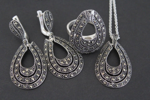 Earrings ring pendant chain Silver 925 marcasite