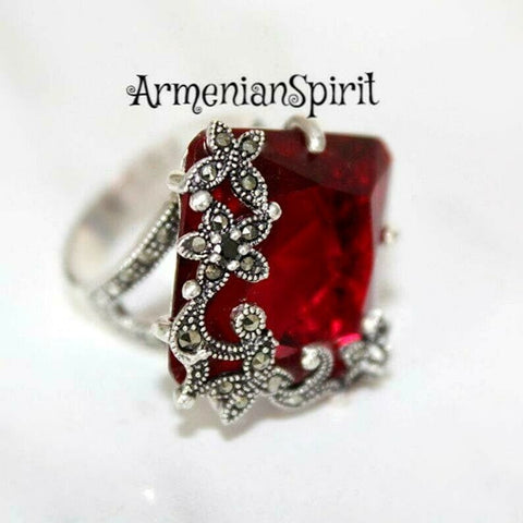 Silver 925 ring Red topaz Marcasite