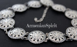 Please pay attention to this beautiful bracelet made of sterling silver. The bracelet is made by Armenian artisans and it is completely handmade. The bracelet has a unique ornament and looks like very delicate lace. You can choose from the options matching choker which made the same style as the bracelet. Also you can buy matching silver earrings in ethnic style which are small and&nbsp;fits tightly to the earlobe.&nbsp; Please choose from the options: bracelet, earrings, choker, etc...