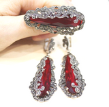 SET Long Earrings Ring red Silver 925 Marcasite