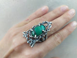 Very big ring silver handcrafted with oval green malachite