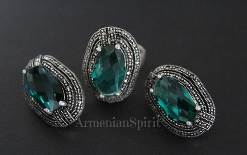 Earrings Ring green topaz Silver 925 Marcasite Armenian Spirit