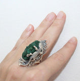 Buy velvet malachite gemstone ring in silver with reptile salamander from one side. Unusual rings lover in vintage style looks old fashioned.