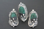 Upgrade your jewelry collection with our high quality 925 silver pieces from Armenia. The velvet green malachite earrings and ring come together as a beautiful set, featuring vintage filigree inspired by treasured family heirlooms. Embrace timeless elegance with a touch of nostalgia. Buy retro old style filigree earrings and ring jewellery set online.