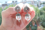 Earrings wedding white pearl Black silver 925