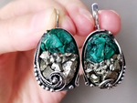 Set Sterling silver 925 Green malachite pyrite Earrings Ring