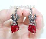 Ring earrings silver 925 Marcasite red topaz