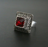 Buy vintage ring silver with burgundy red square gemstone with small marcasites. Gift for grandmothers birday buy online.