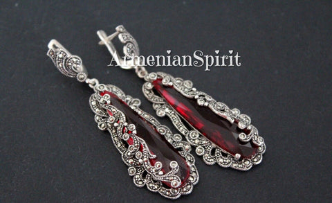 Marcasite Earrings Sterling Silver 925 red topaz