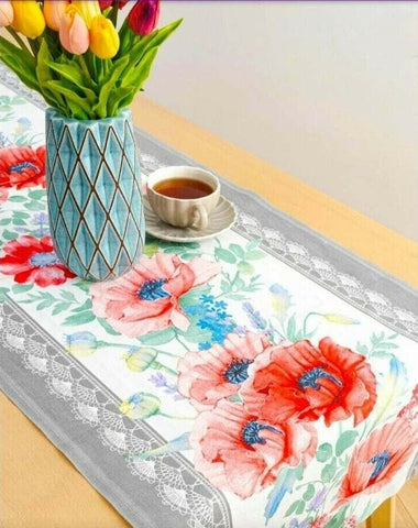 Table runner 100% cotton Gray pink poppies