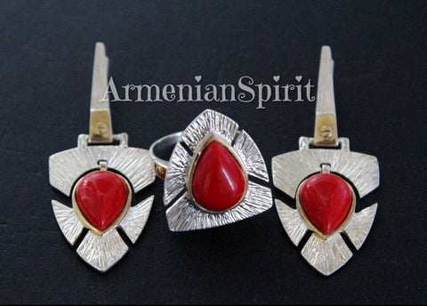 Earrings ring Sterling silver 925 coral Armenian Spirit