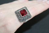 Buy vintage ring with red stone and marcasite. This women silver ring is a rare find for a wife who loves vintage precious jewels.