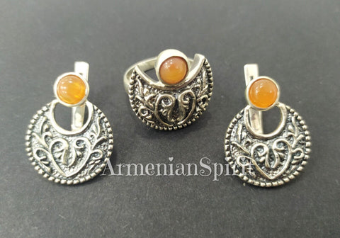 Silver 925 Earrings Ring women carnelian