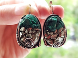 Set Sterling silver 925 Green malachite pyrite Earrings Ring