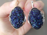 Handmade jewelry earrings oval with bright blue azzure gemstone laps lazuli.