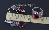 Ring earrings silver 925 Marcasite red topaz