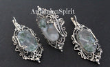 Set Silver 925 Earrings Ring Green moss agate