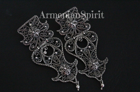 Extra long earrings till shoulder made of sterling silver 925. The pattern is filigree made by hand. This beautiful Armenian earrings will match also with Armenian national taraz clothing.