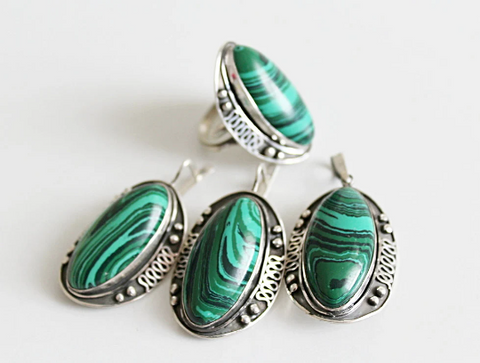 Set Silver 925 Earrings Pendant Ring adjustable Green Malachite