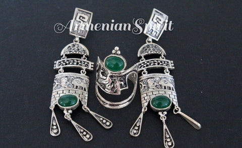 Set earrings ring jade Sterling silver 925