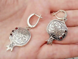 Armenian earrings in a shape of pomegranate with herbal ornaments and garnet stones made from Sterling silver 925