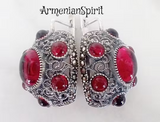 Dome earrings with oval red stones and marcasite