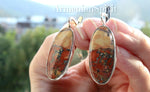 Maligano jasper earrings oval flat gemstone which will match to burnt orange dress with shoulder off sleeves. Buy accessories with orange coat autumn leaves color jewelry precious metall and eye catching gemstones.