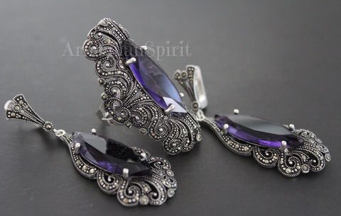 Earrings ring Sterling silver 925 Purple topaz Armenian Spirit