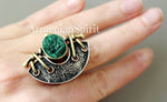 Large aztec semi circle ring golden with silver and malachite rough unfaceted gemstone.