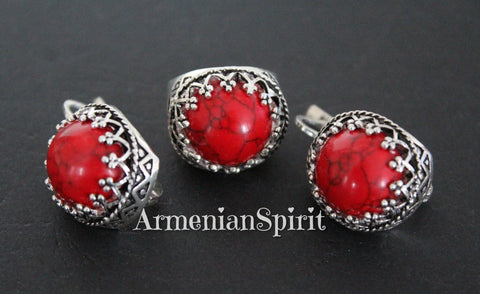 Silver 925 Earrings Ring red coral